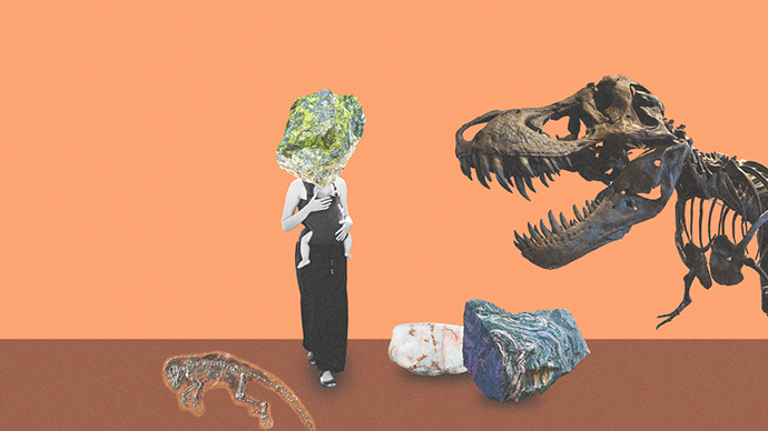 illustrasjon: baby i bæresele, dame med steinhode, dinosaur