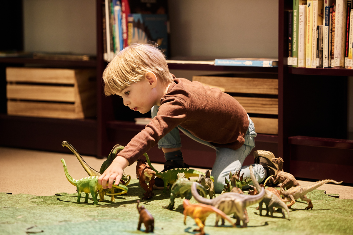 Barn som leker med dinosaurleker på gulv med bokhyller i bakgrunn