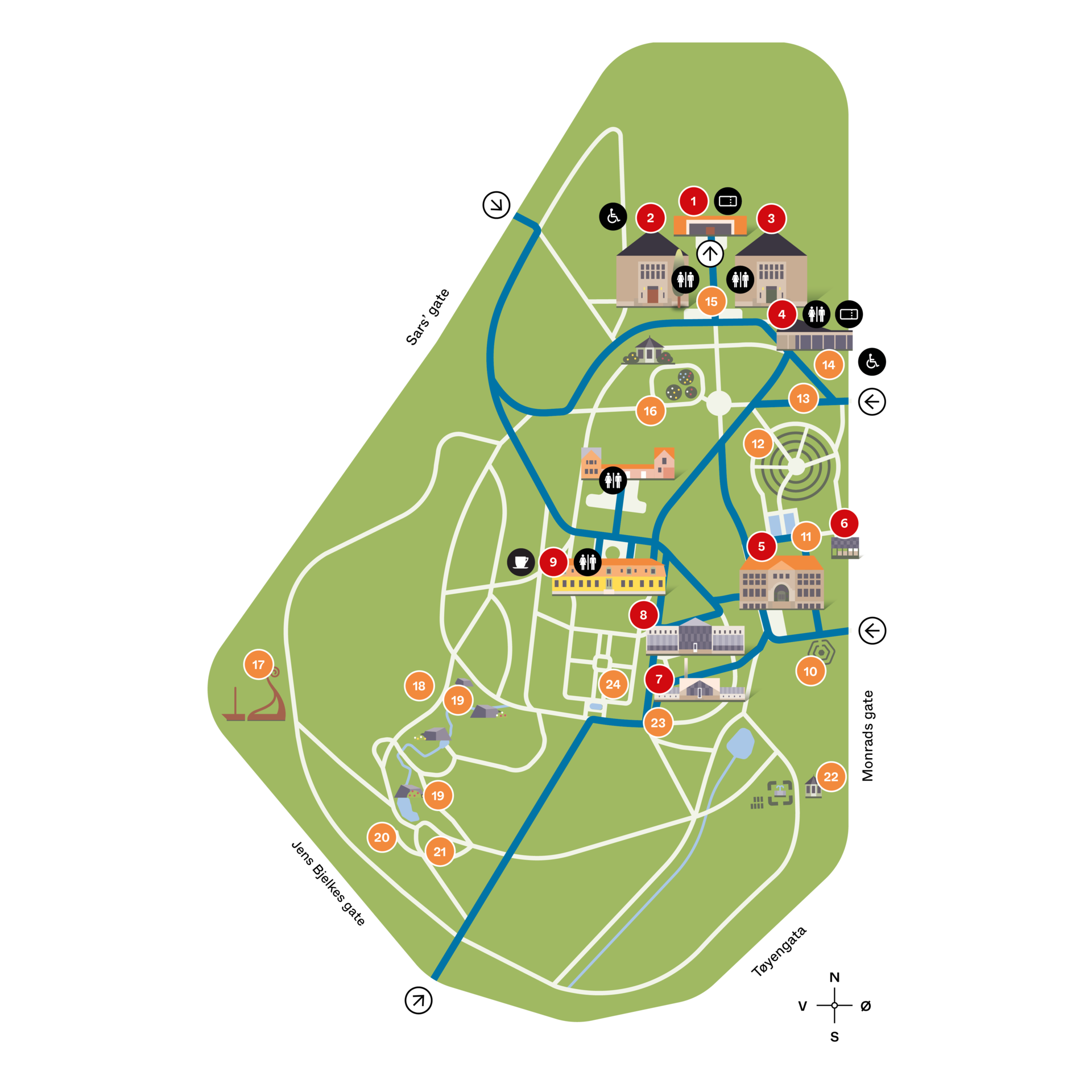 kart som viser vinterveier i botanisk hage