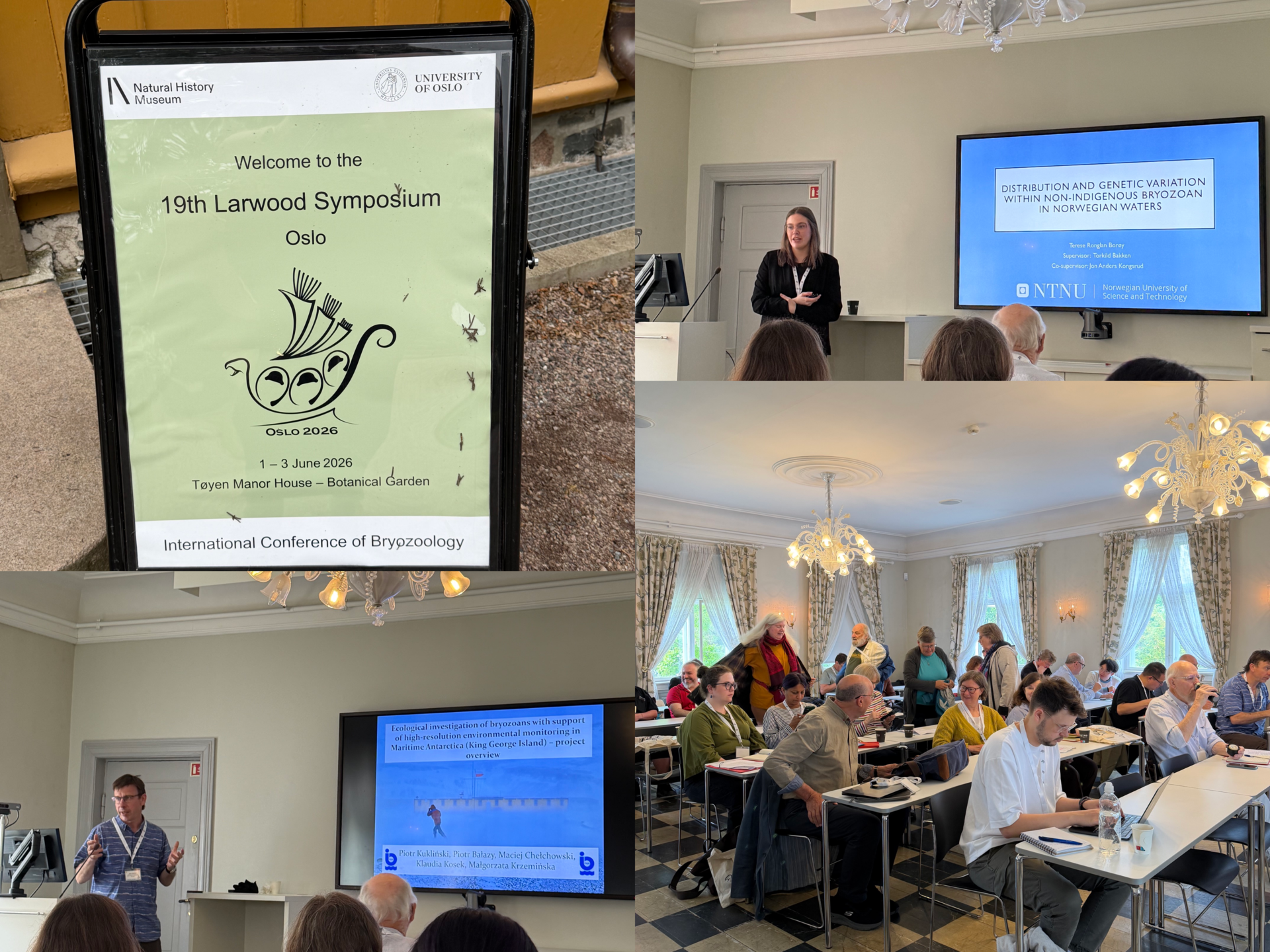 A photo collage with four images. Image up to the left shows the signpost for the symposium, image up to the left shows a woman giving a talk, image lower left shows a man giving a talk and image lower right shows a room filled with people