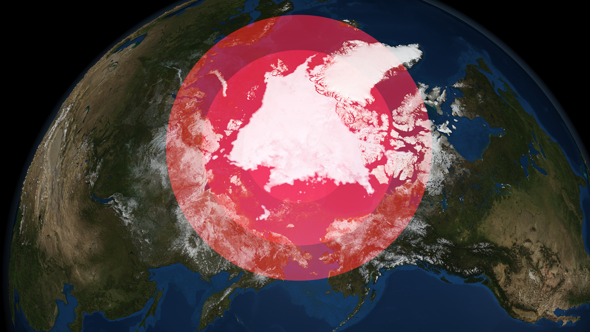 illustrasjon: satellittbilde over nordområdene med grafikk bestående av røde sirkler marker over nordområdene