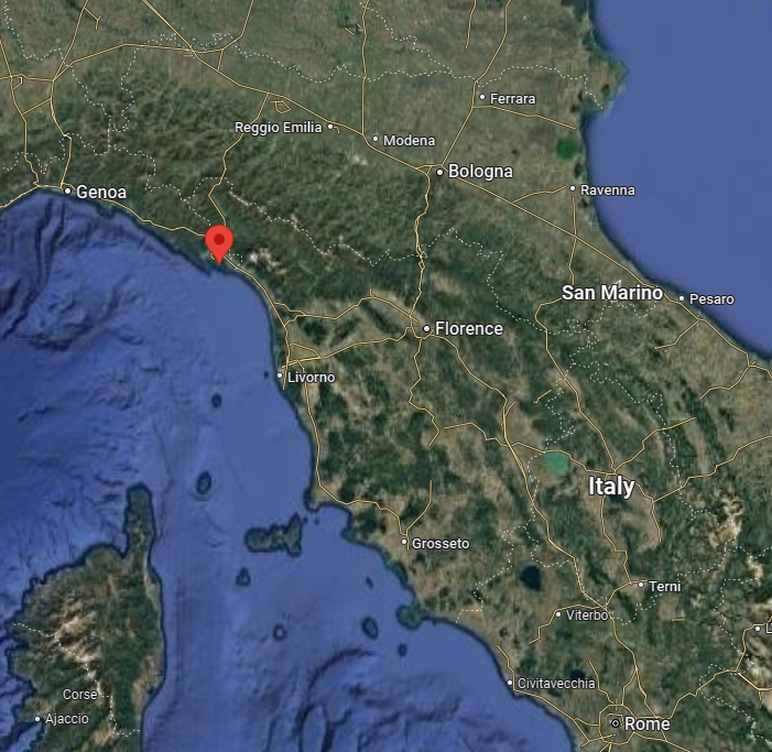 Et kart over Norddelen av Italia, der Lerici er markert med et symbol