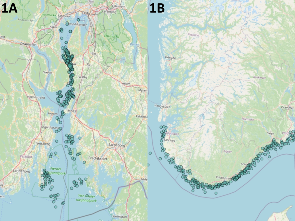 Et sammensatt bilde av to kart med registreringer. Kartet til venstre viser Oslofjorden og kartet til høyre viser Sør-Norge