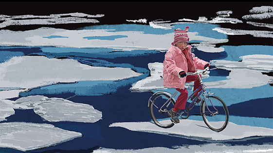 maleri av jente som sykler på isflak