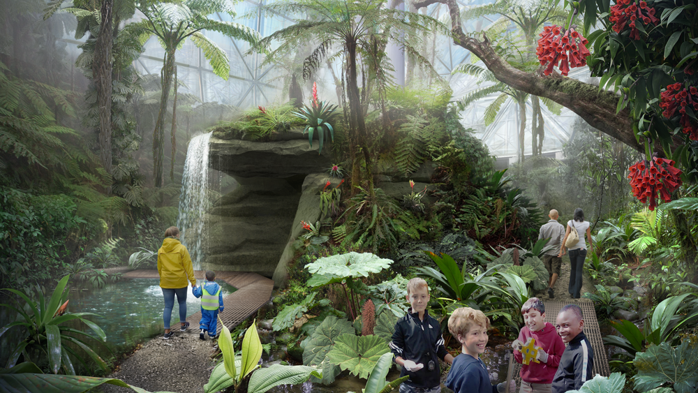 Barn besøker klimasonen tåkeskog i nytt utstillingsveksthus på Tøyen.