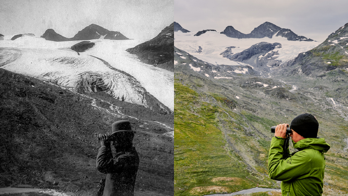 Bilde av isbre for hundre år siden og samme bre i dag.