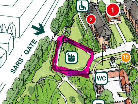 Kart som viser at piknikplenen ligger rett inn for porten fra Sars gate.