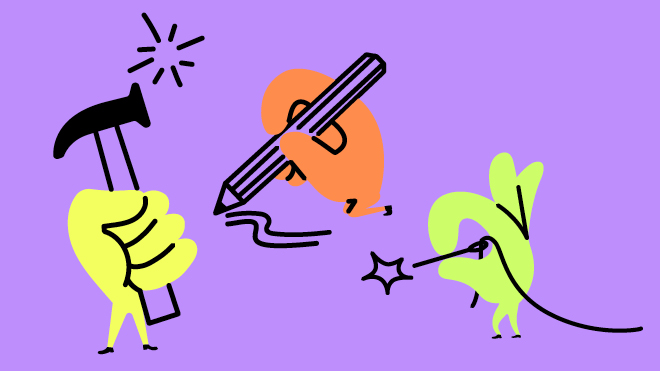 illustrasjon av hender som banker med hammer, tegner med blyant og syr