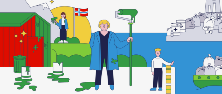 illustrasjon av person med malekost som maler grønt på hus og andre elementer i norsk landskap